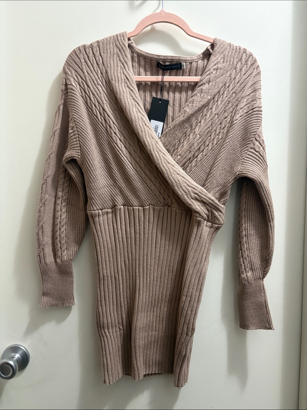 Taupe Ribbed Wrap Knit Mini Dress - Women